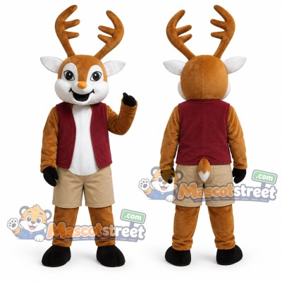 Brown Reindeer Mascot Costume with Burgundy Vest and Beige Shorts