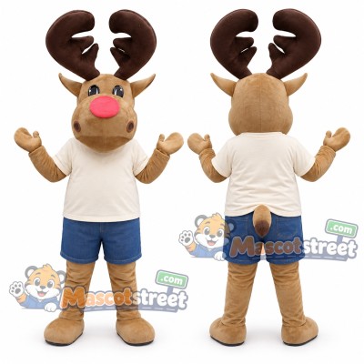 Brown Reindeer Mascot Costume with Cream Shirt and Blue Shorts