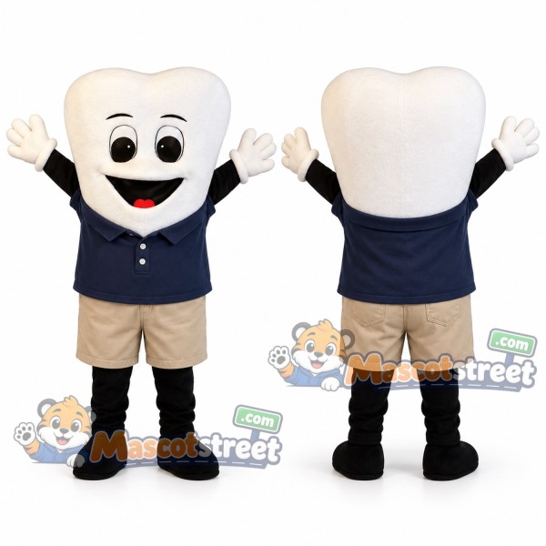 Tooth Mascot Costume with Navy Polo Shirt and Beige Shorts