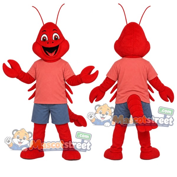 Red Lobster Mascot Costume with Coral Shirt and Blue Shorts