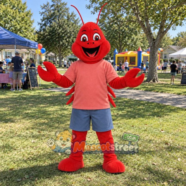 Red Lobster Mascot Costume with Coral Shirt and Blue Shorts