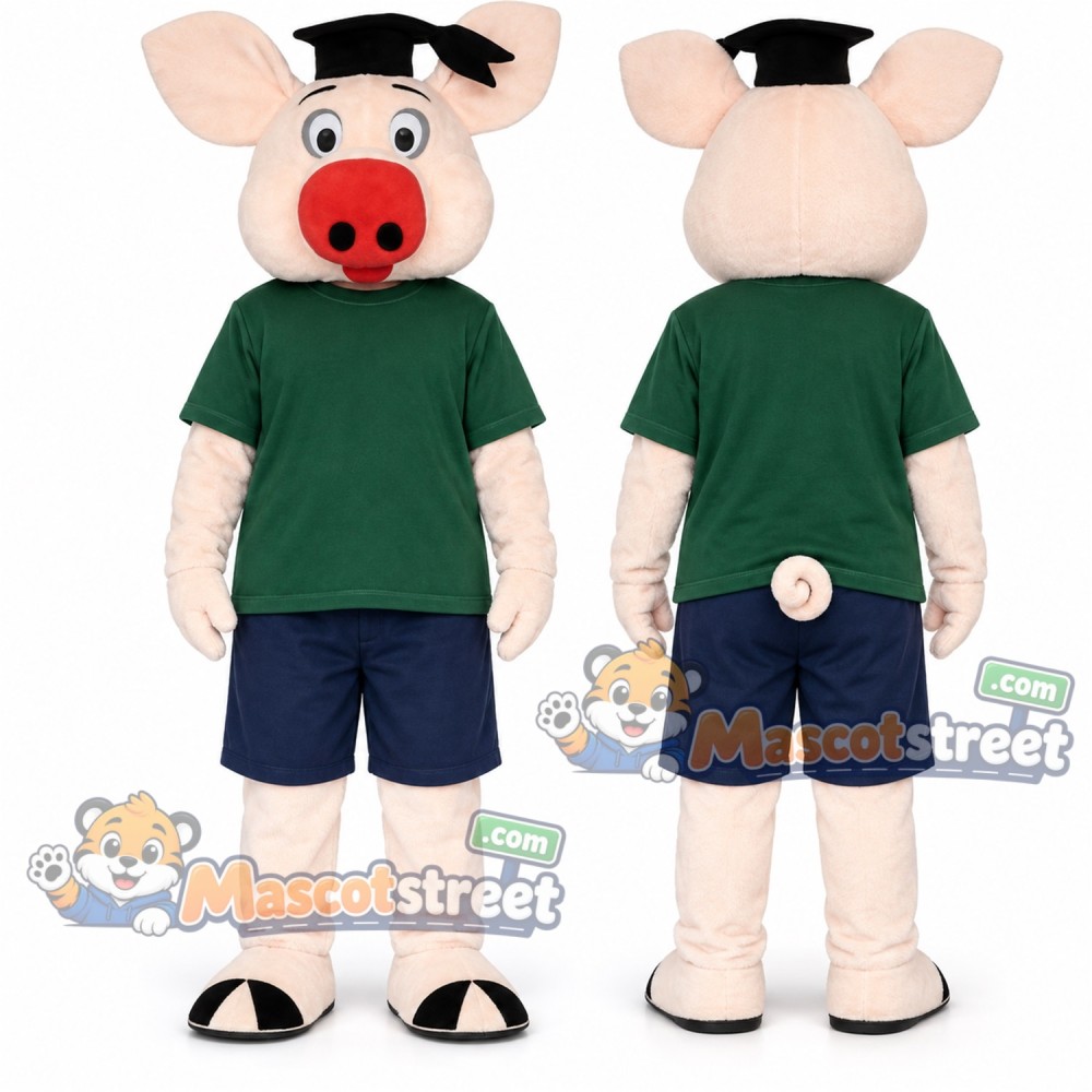 Pink Pig Mascot Costume with Green Shirt and Navy Shorts