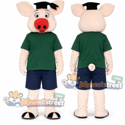 Pink Pig Mascot Costume with Green Shirt and Navy Shorts