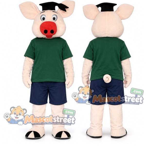 Pink Pig Mascot Costume with Green Shirt and Navy Shorts