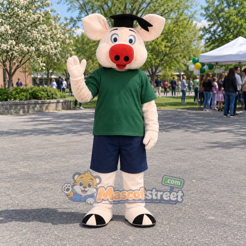 Pink Pig Mascot Costume with Green Shirt and Navy Shorts Pink Pig Mascot Costume with Green Shirt and Navy Shorts
