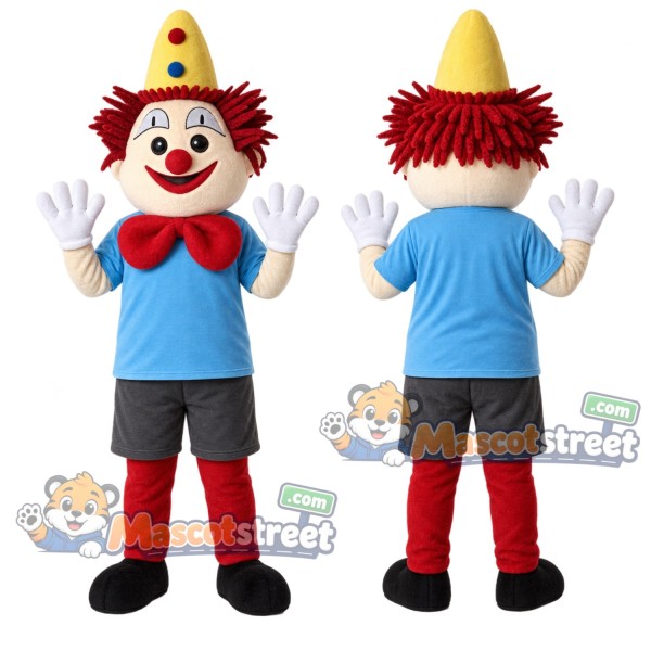 Clown Mascot Costume with Blue Shirt, Gray Shorts and Yellow Party Hat