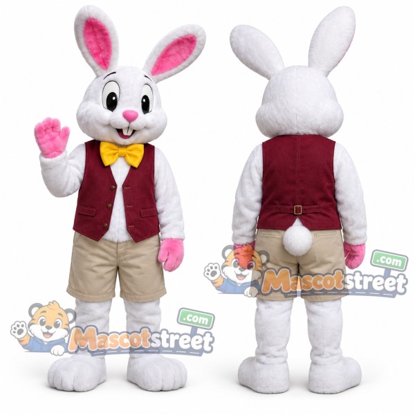 White Rabbit Mascot Costume with Burgundy Vest and Beige Shorts
