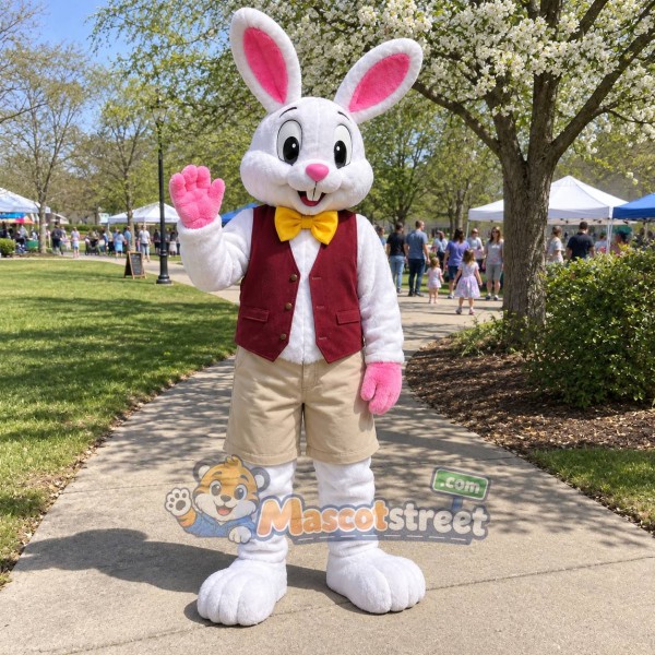 White Rabbit Mascot Costume with Burgundy Vest and Beige Shorts