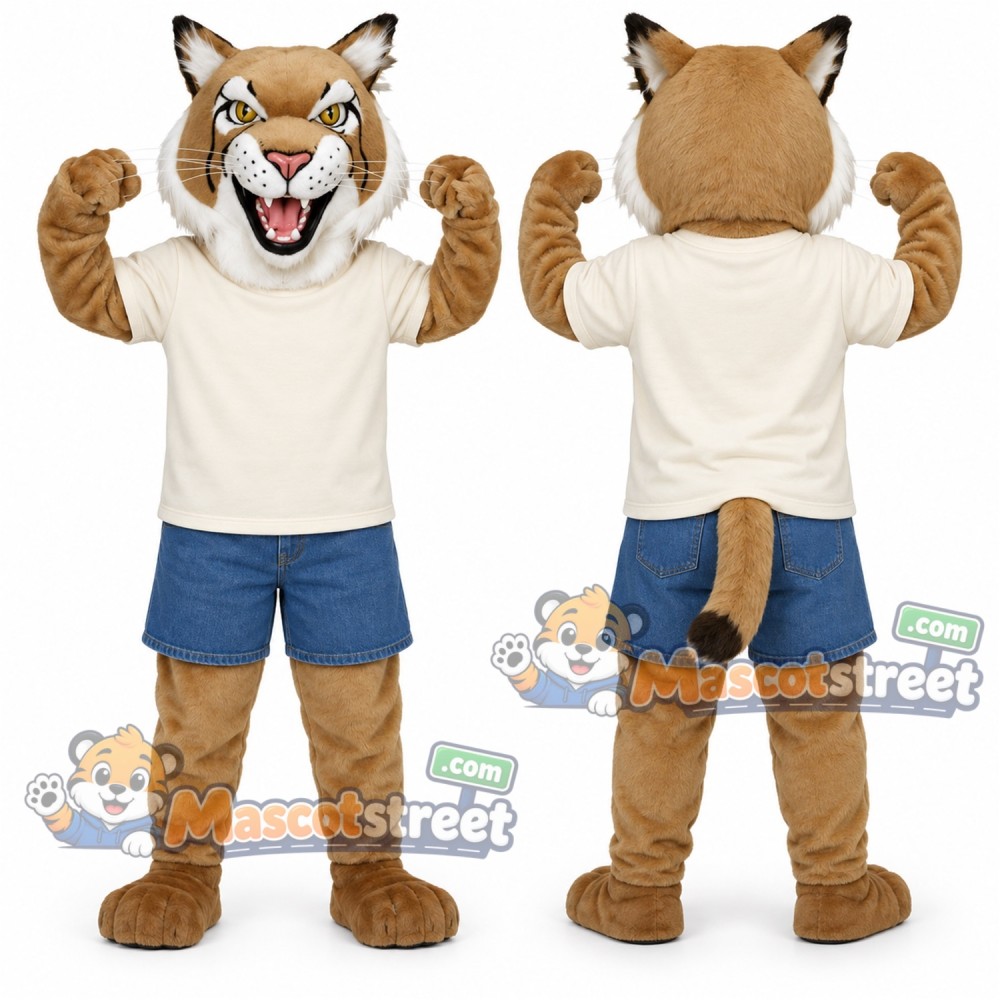 Tan Bobcat Mascot Costume with Cream Shirt and Blue Shorts Tan Bobcat Mascot Costume with Cream Shirt and Blue Shorts