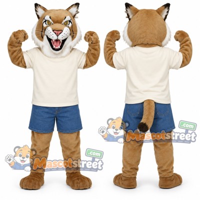 Tan Bobcat Mascot Costume with Cream Shirt and Blue Shorts Tan Bobcat Mascot Costume with Cream Shirt and Blue Shorts