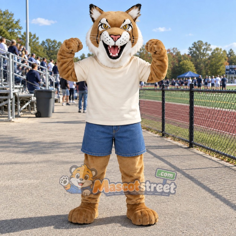 Tan Bobcat Mascot Costume with Cream Shirt and Blue Shorts
