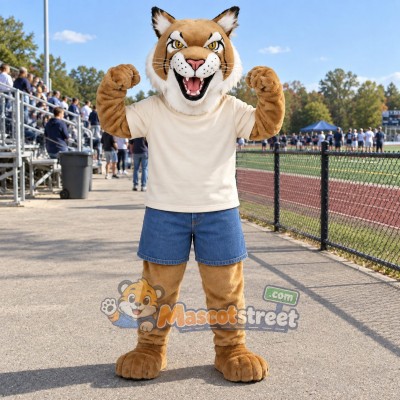 Tan Bobcat Mascot Costume with Cream Shirt and Blue Shorts