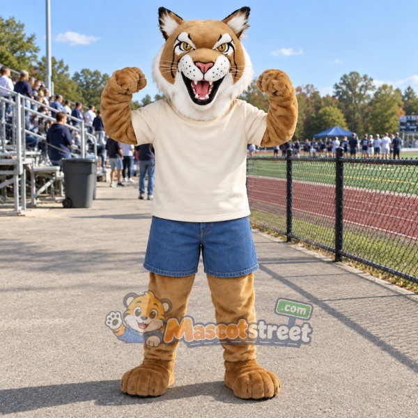 Tan Bobcat Mascot Costume with Cream Shirt and Blue Shorts