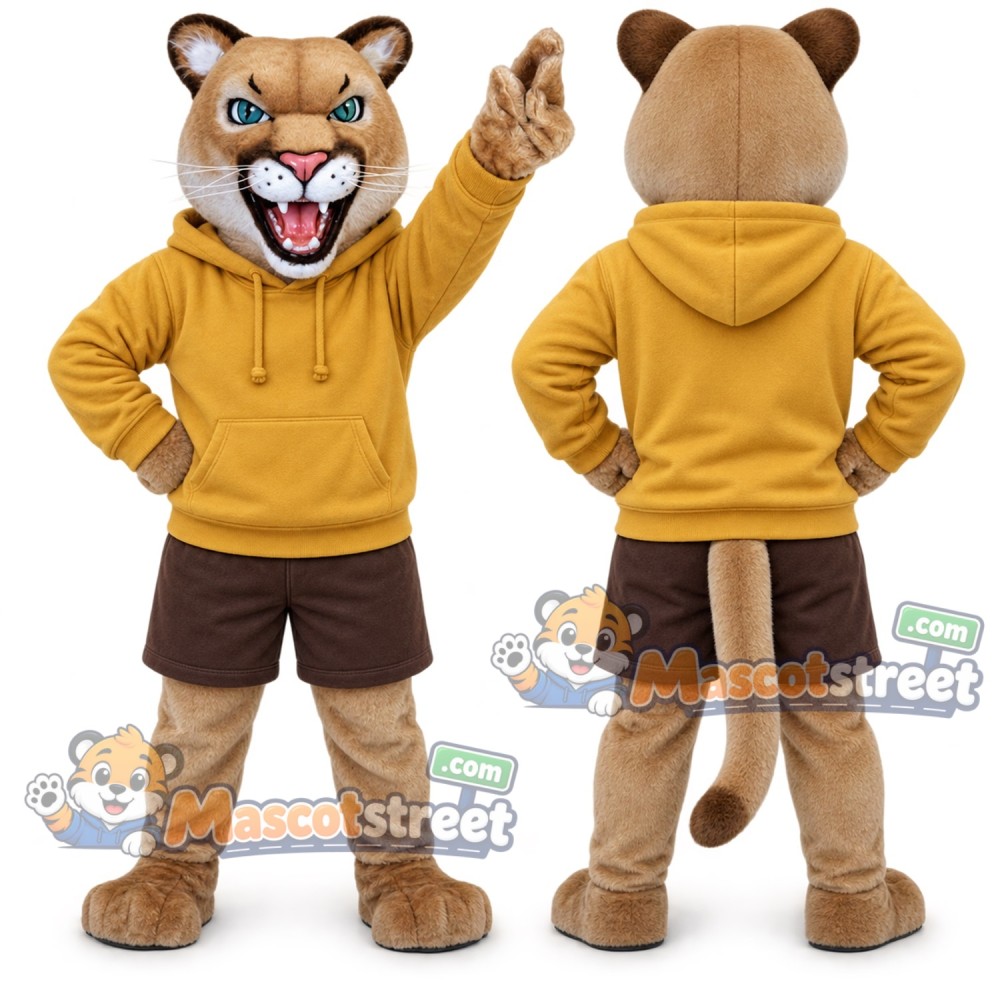 Tan Cougar Mascot Costume with Yellow Hoodie and Brown Shorts Tan Cougar Mascot Costume with Yellow Hoodie and Brown Shorts