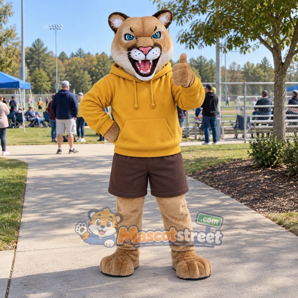 Tan Cougar Mascot Costume with Yellow Hoodie and Brown Shorts Tan Cougar Mascot Costume with Yellow Hoodie and Brown Shorts