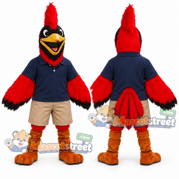Red Cardinal Mascot Costume with Navy Polo Shirt and Beige Shorts