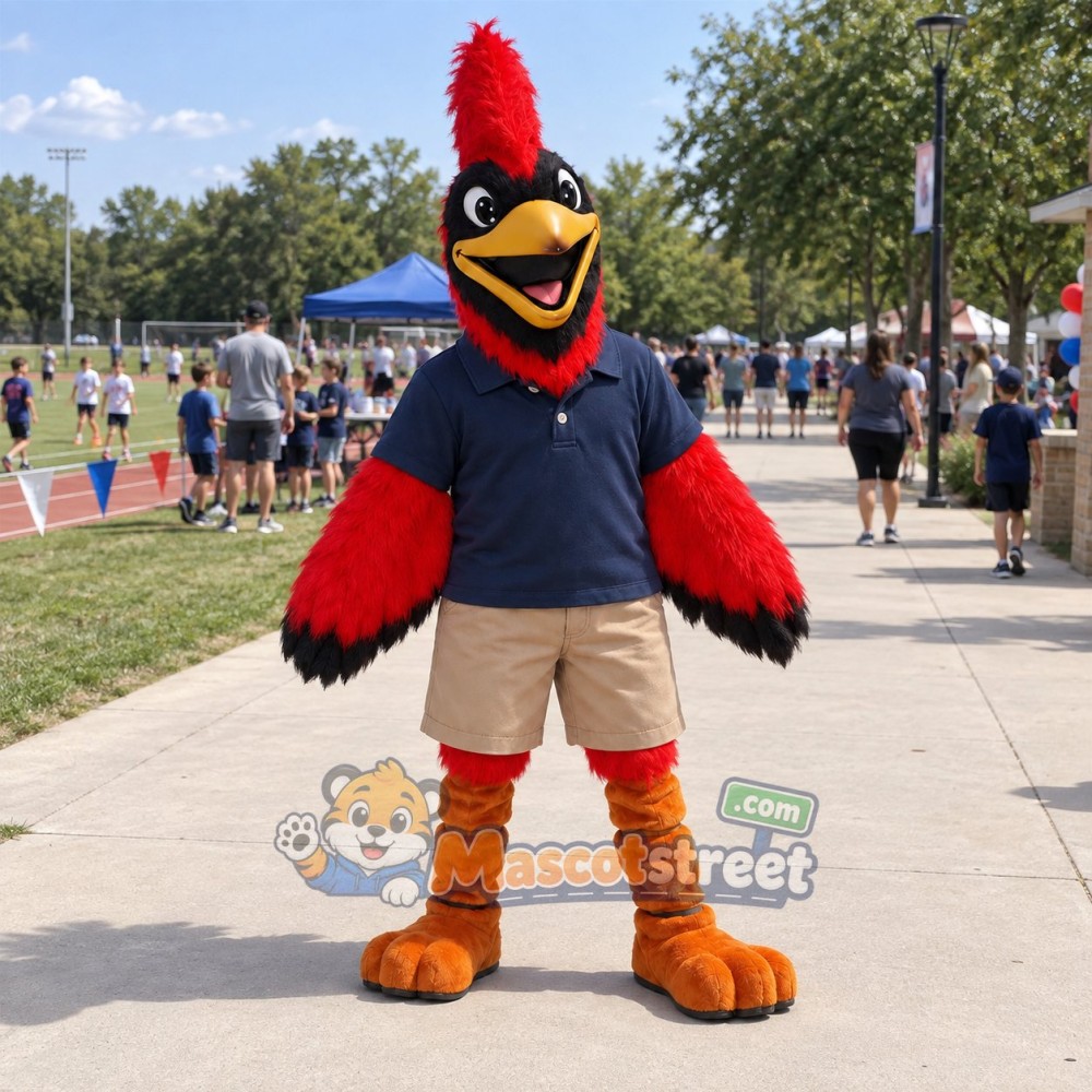 Red Cardinal Mascot Costume with Navy Polo Shirt and Beige Shorts Red Cardinal Mascot Costume with Navy Polo Shirt and Beige Shorts