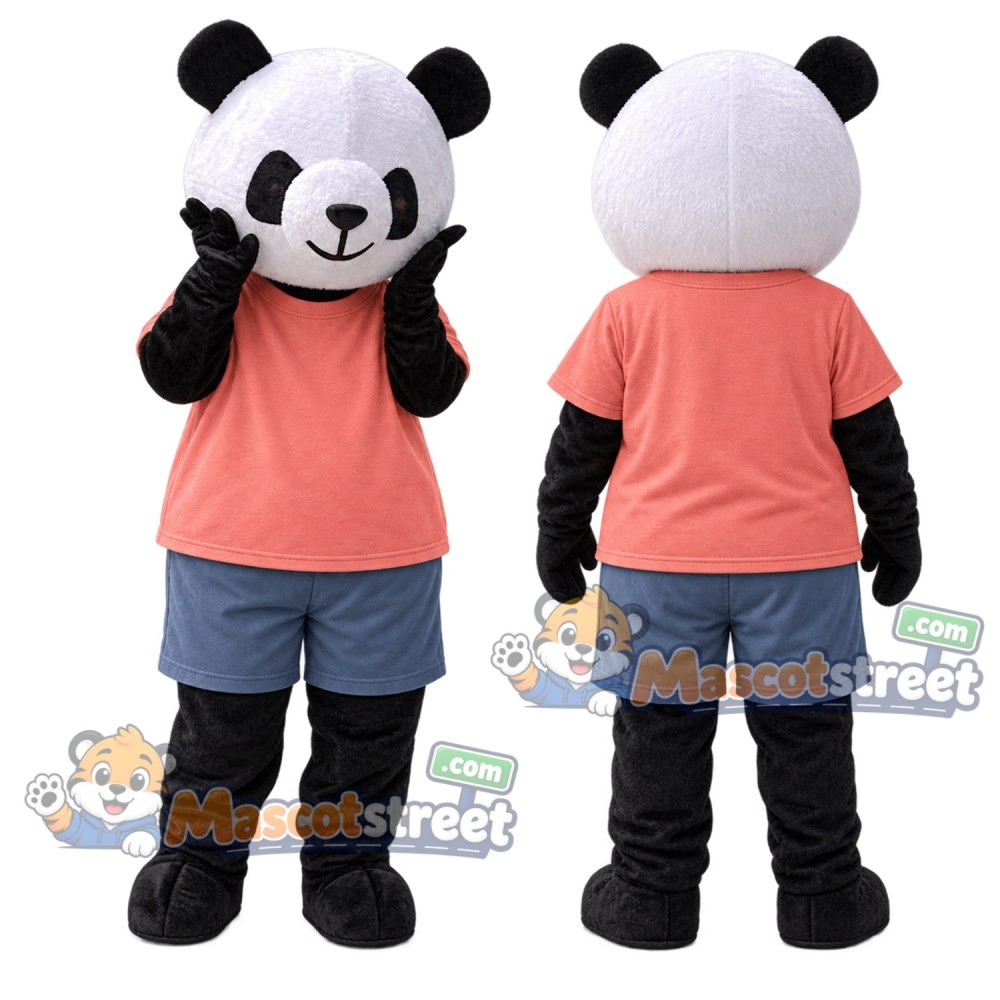 Panda Mascot Costume with Coral Shirt and Blue Shorts Panda Mascot Costume with Coral Shirt and Blue Shorts