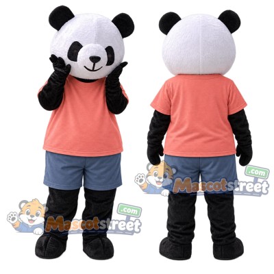 Panda Mascot Costume with Coral Shirt and Blue Shorts Panda Mascot Costume with Coral Shirt and Blue Shorts