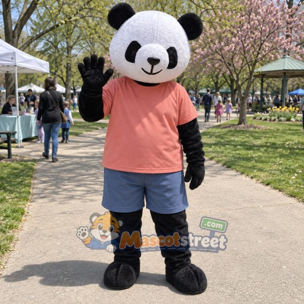 Panda Mascot Costume with Coral Shirt and Blue Shorts
