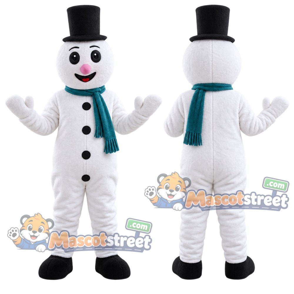 Snowman Mascot Costume with Black Top Hat and Teal Scarf