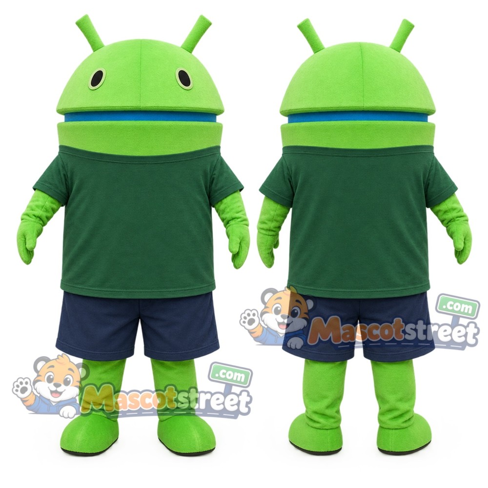 Green Robot Mascot Costume with Green Shirt and Navy Shorts