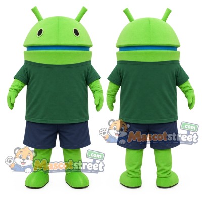 Green Robot Mascot Costume with Green Shirt and Navy Shorts