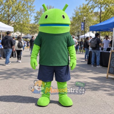 Green Robot Mascot Costume with Green Shirt and Navy Shorts Green Robot Mascot Costume with Green Shirt and Navy Shorts