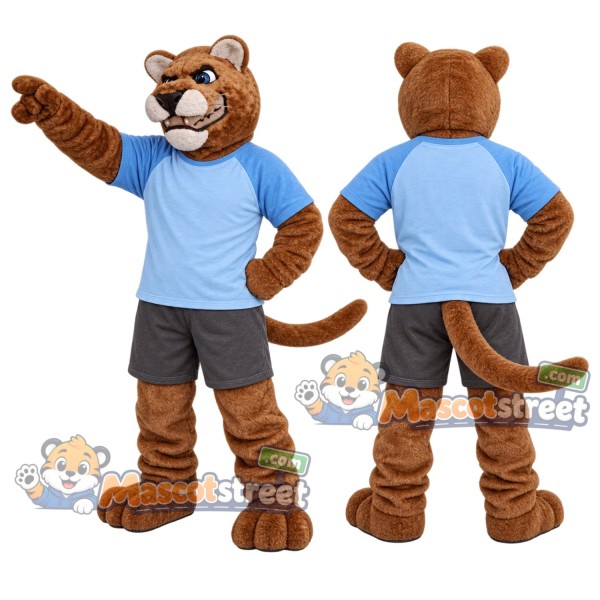 Brown Cougar Mascot Costume with Blue Shirt and Gray Shorts