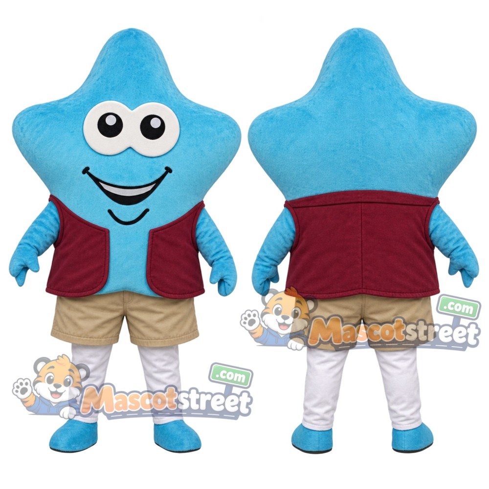 Blue Star Mascot Costume with Burgundy Vest and Beige Shorts Blue Star Mascot Costume with Burgundy Vest and Beige Shorts