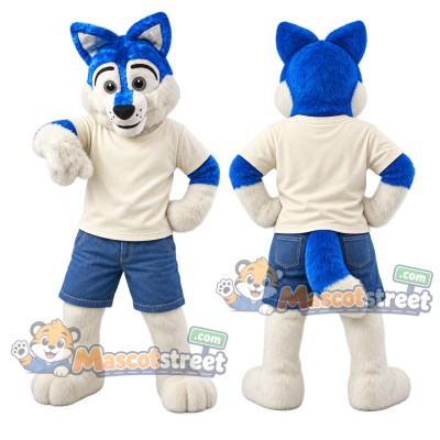 Blue and White Wolf Mascot Costume with Cream Shirt and Blue Shorts