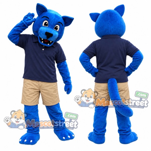 Blue Canine Mascot Costume with Navy Polo Shirt and Beige Shorts