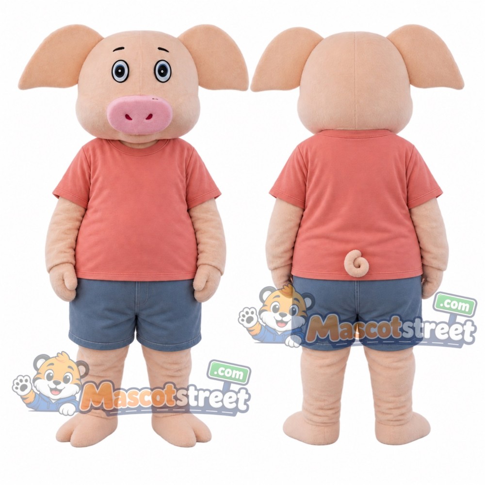 Pink Pig Mascot Costume with Coral Shirt and Blue Shorts