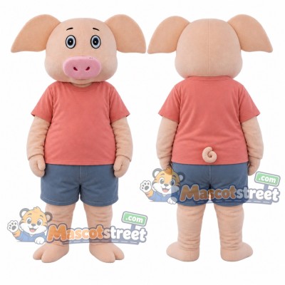 Pink Pig Mascot Costume with Coral Shirt and Blue Shorts