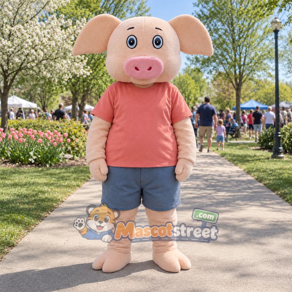 Pink Pig Mascot Costume with Coral Shirt and Blue Shorts Pink Pig Mascot Costume with Coral Shirt and Blue Shorts