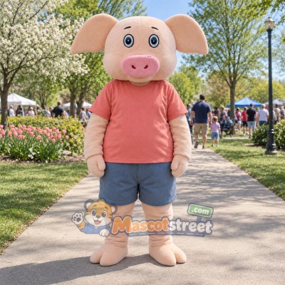 Pink Pig Mascot Costume with Coral Shirt and Blue Shorts Pink Pig Mascot Costume with Coral Shirt and Blue Shorts