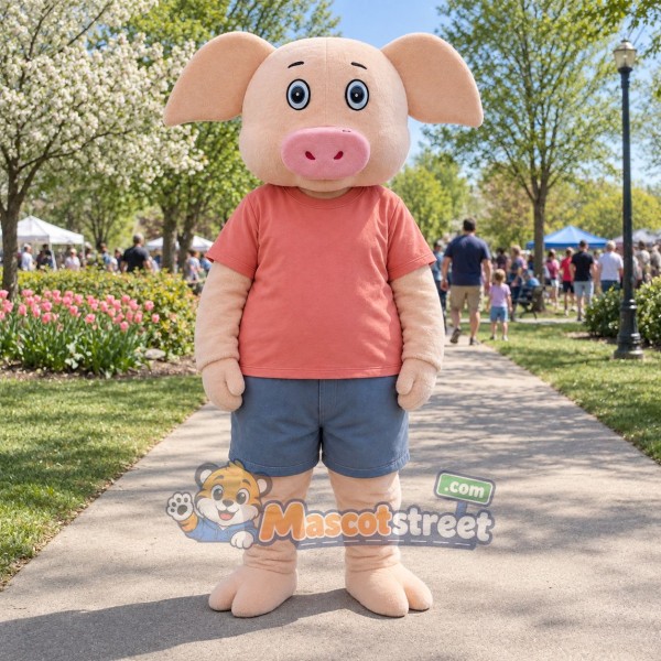 Pink Pig Mascot Costume with Coral Shirt and Blue Shorts
