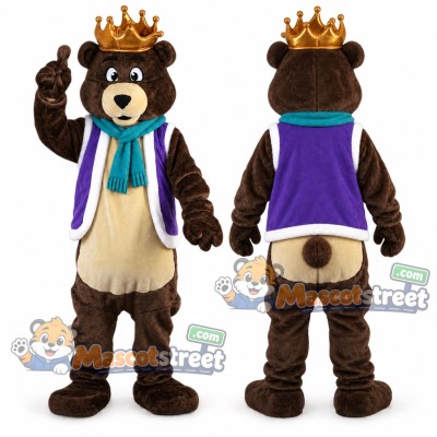 Brown Bear King Mascot Costume with Purple Cape, Crown and Teal Scarf Brown Bear King Mascot Costume with Purple Cape, Crown and Teal Scarf