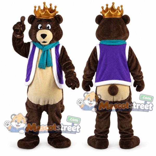 Brown Bear King Mascot Costume with Purple Cape, Crown and Teal Scarf