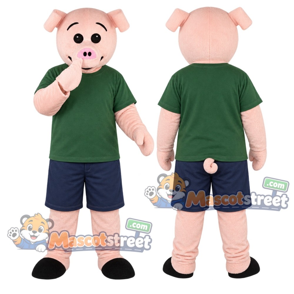 Pink Pig Mascot Costume with Green Shirt and Navy Shorts