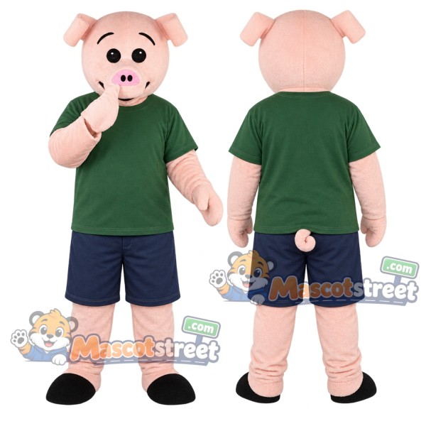 Pink Pig Mascot Costume with Green Shirt and Navy Shorts