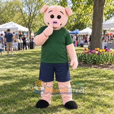 Pink Pig Mascot Costume with Green Shirt and Navy Shorts Pink Pig Mascot Costume with Green Shirt and Navy Shorts