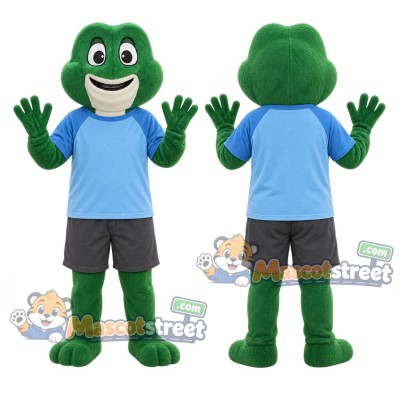 Green Frog Mascot Costume with Blue Shirt and Gray Shorts Green Frog Mascot Costume with Blue Shirt and Gray Shorts