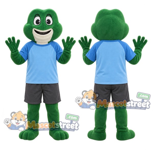 Green Frog Mascot Costume with Blue Shirt and Gray Shorts