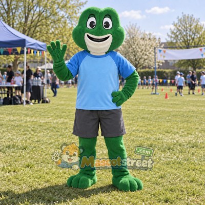 Green Frog Mascot Costume with Blue Shirt and Gray Shorts Green Frog Mascot Costume with Blue Shirt and Gray Shorts
