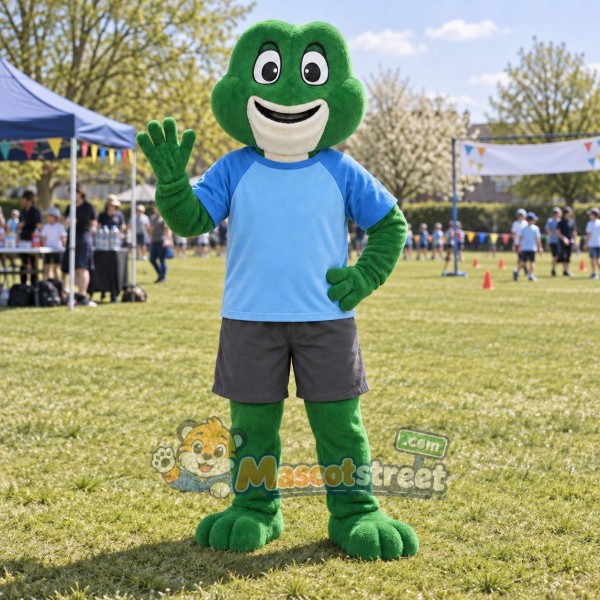 Green Frog Mascot Costume with Blue Shirt and Gray Shorts Green Frog Mascot Costume with Blue Shirt and Gray Shorts