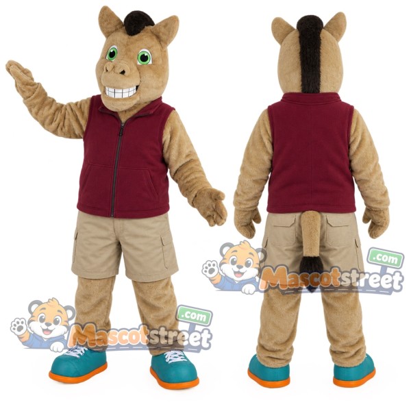 Tan Horse Mascot Costume with Burgundy Vest and Beige Shorts