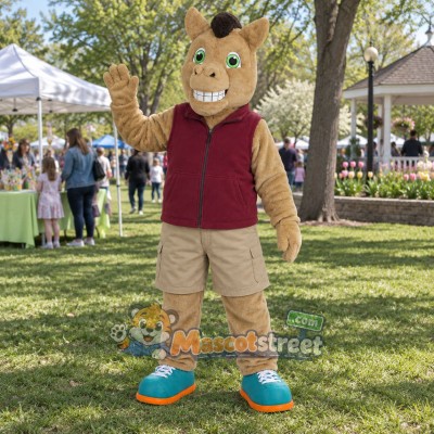 Tan Horse Mascot Costume with Burgundy Vest and Beige Shorts