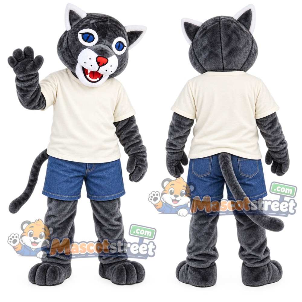 Gray Wildcat Mascot Costume with Cream Shirt and Blue Shorts