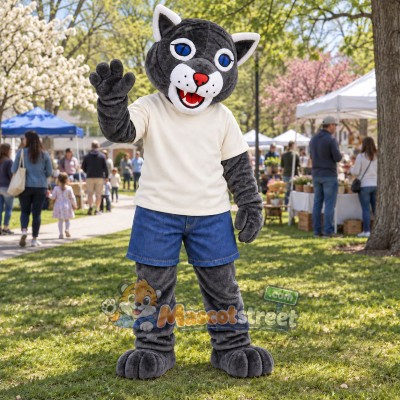 Gray Wildcat Mascot Costume with Cream Shirt and Blue Shorts Gray Wildcat Mascot Costume with Cream Shirt and Blue Shorts
